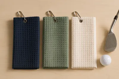 Folded waffle golf towels with carabiner clips, golf ball and iron