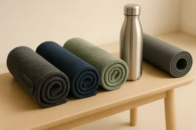 Rolled charcoal, navy and sage gym towels on a wood bench