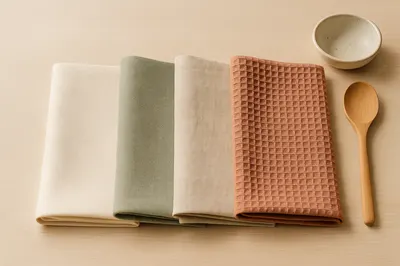 Folded cotton and waffle kitchen tea towels on a wood worktop