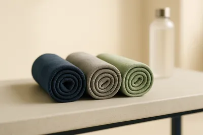 Rolled microfiber sports towels on a bench