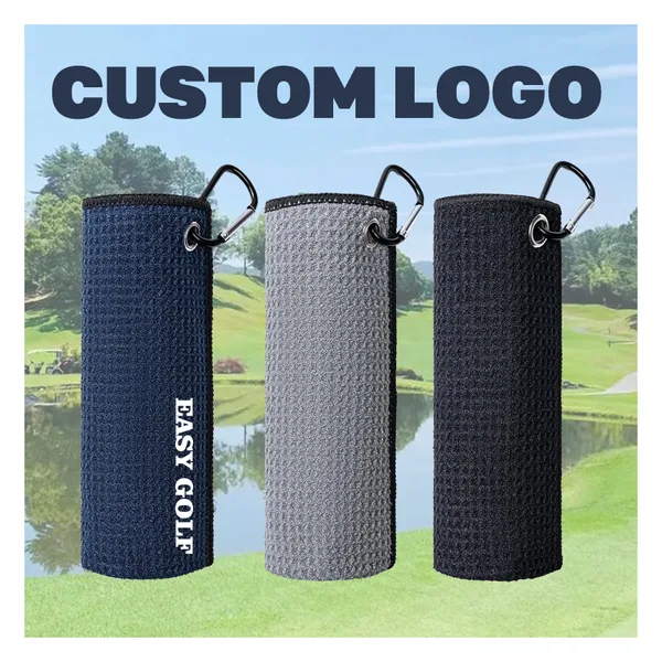Foldable waffle golf towel with carabiner, 6 sizes