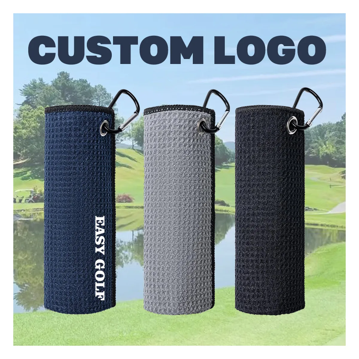 Foldable waffle golf towel with carabiner, 6 sizes